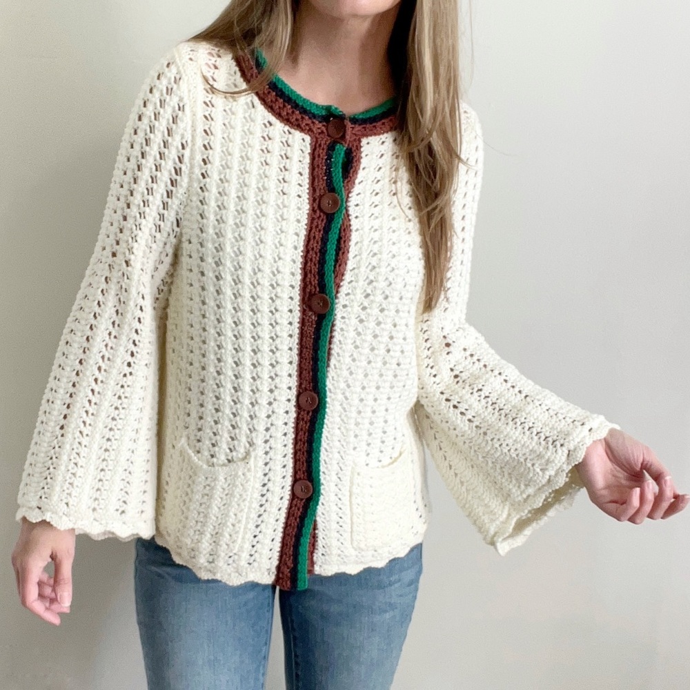 Anthropologie Postmark Cotton Bell Sleeve Ivory Crochet Knit Cardigan size Small